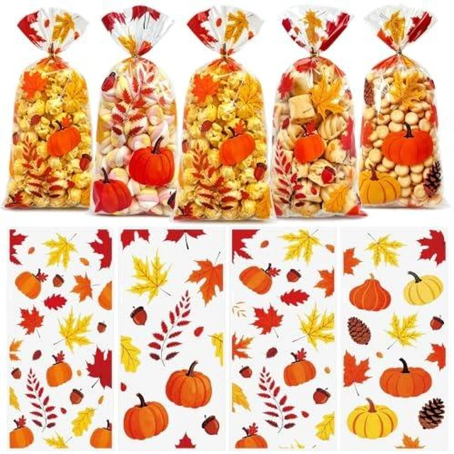 Alt view image 6 of 12 - 50PCS Thanksgiving Treat Bags with 60 Twist Ties Fall Cellophane Gift Bags for Cookies, Candy, Snacks, and Party Favors Pumpkin, Turkey & Maple Leaf Thanksgiving Goodie Bags for Kids