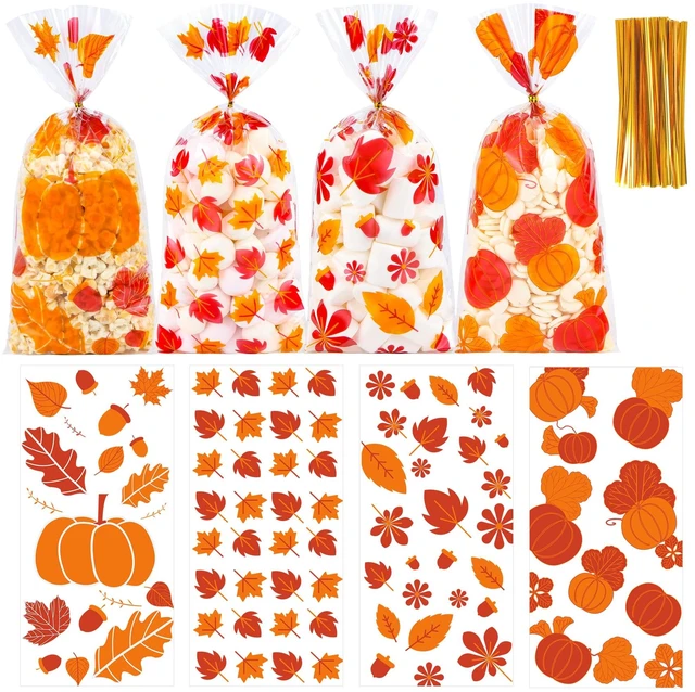 Main image of 50 Pcs Thanksgiving Fall Treat Bags with Twist Ties - 5 x 11 Inch Autumn Maple Leaf & Pumpkin Cellophane Goodie Bags - Plastic Candy Gift Bag for Harvest Festival, Cookies, Halloween Party Favors