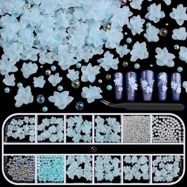 Alt view image 2 of 5 - 3D Soft Flower Nail Charms with Tiny Pearls, Pink Floral Charms and Silver White Caviar Beads, Iridescent Bubble Beads Flatback Pearls for Nails Art Design Manicure DIY Supplies