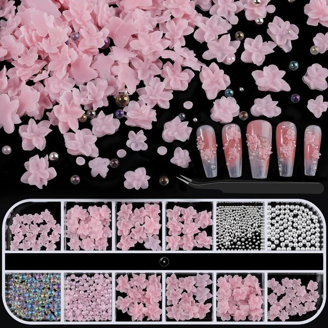 Main image of 3D Soft Flower Nail Charms with Tiny Pearls, Pink Floral Charms and Silver White Caviar Beads, Iridescent Bubble Beads Flatback Pearls for Nails Art Design Manicure DIY Supplies