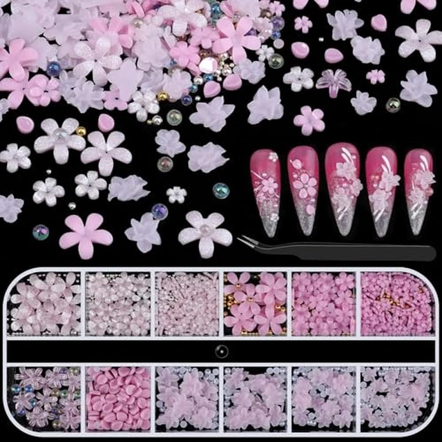 Alt view image 3 of 5 - 3D Soft Flower Nail Charms with Tiny Pearls, Pink Floral Charms and Silver White Caviar Beads, Iridescent Bubble Beads Flatback Pearls for Nails Art Design Manicure DIY Supplies