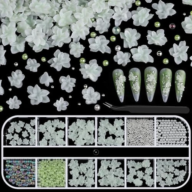 Alt view image 4 of 5 - 3D Soft Flower Nail Charms with Tiny Pearls, Pink Floral Charms and Silver White Caviar Beads, Iridescent Bubble Beads Flatback Pearls for Nails Art Design Manicure DIY Supplies