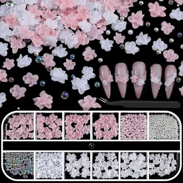 Alt view image 5 of 5 - 3D Soft Flower Nail Charms with Tiny Pearls, Pink Floral Charms and Silver White Caviar Beads, Iridescent Bubble Beads Flatback Pearls for Nails Art Design Manicure DIY Supplies