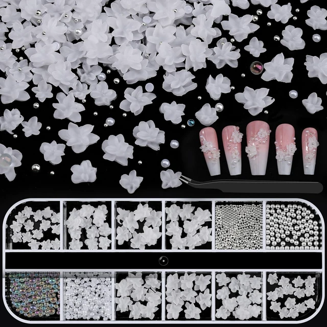 Main image of 3D Soft Flower Nail Charms with Tiny Pearls, White Floral Charms and Silver Caviar Beads, Iridescent Bubble Beads Flatback Pearls for Nails Art Design Manicure DIY Supplies