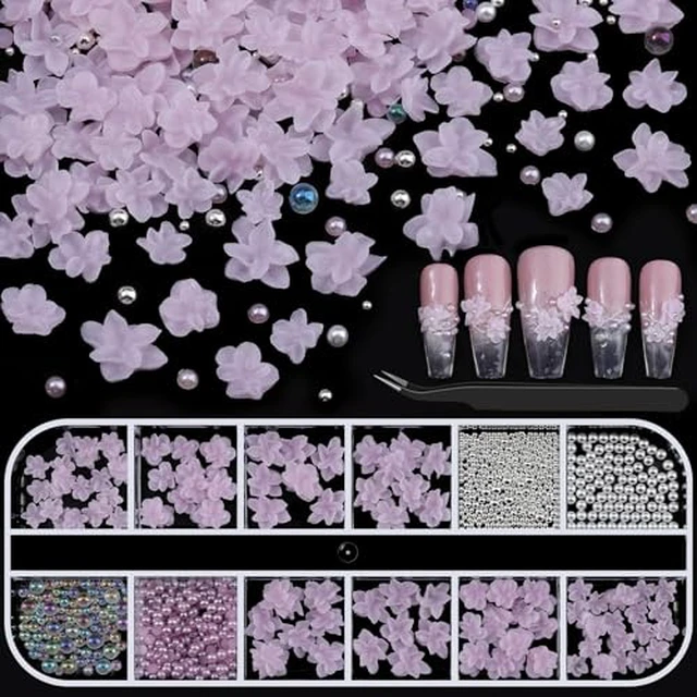 Alt view image 5 of 6 - 3D Soft Flower Nail Charms with Tiny Pearls, White Floral Charms and Silver Caviar Beads, Iridescent Bubble Beads Flatback Pearls for Nails Art Design Manicure DIY Supplies
