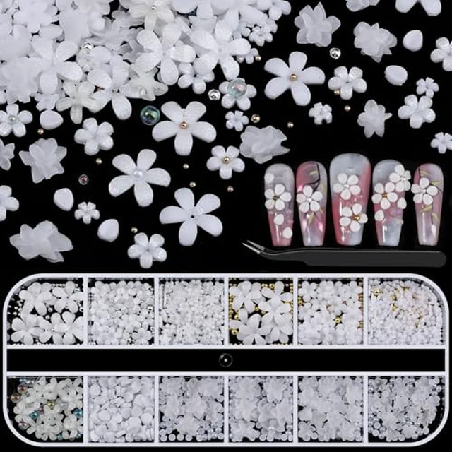 Alt view image 6 of 6 - 3D Soft Flower Nail Charms with Tiny Pearls, White Floral Charms and Silver Caviar Beads, Iridescent Bubble Beads Flatback Pearls for Nails Art Design Manicure DIY Supplies