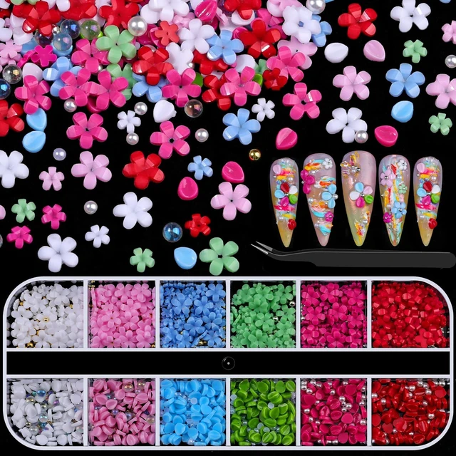 Main image of 6 Colors Flower Nail Charms for Nail Art, 3D Acrylic Petals with Caviar Beads, Flatback Round Pearls and Iridescent Bubble Beads, Floral Charms and Rhinestones for Nails DIY Design Manicure Crafts