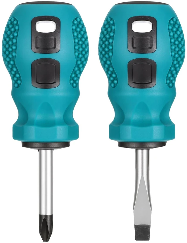 Main image of 2 PCS Short Screwdriver, 6mm X 38mm Slotted and Phillips Head Short Screwdriver Small Pocket Screwdrivers with Rubber Handle for Repairing Mostly Furniture Door Handles, Green