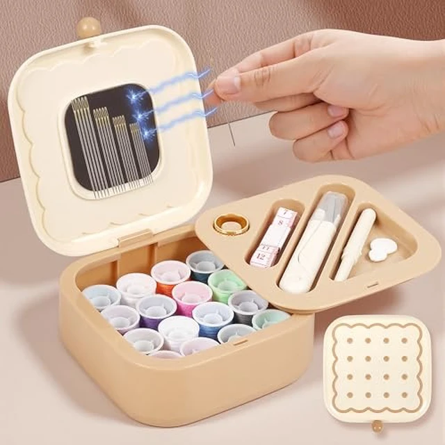 Alt view image 2 of 3 - Small Sewing Kit Box: Cookie Design Portable 2-Layer Organizer Magnetic Needle and Thread Kits Holder Basic Case - Travel Emergency Clothes Repair for Adults (Beige)