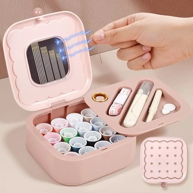 Alt view image 3 of 3 - Small Sewing Kit Box: Cookie Design Portable 2-Layer Organizer Magnetic Needle and Thread Kits Holder Basic Case - Travel Emergency Clothes Repair for Adults (Beige)