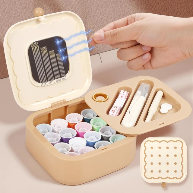 Main image of Small Sewing Kit Box: Cookie Design Portable 2-Layer Organizer Magnetic Needle and Thread Kits Holder Basic Case - Travel Emergency Clothes Repair for Adults (Beige)