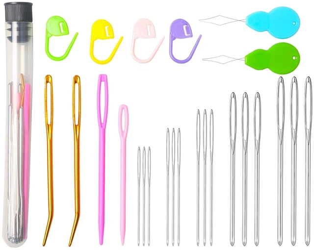 Main image of 25Pcs Large Eye Blunt Yarn Needles kit, Assorted Sizes Bent Tapestry Darning Needle, Sewing Needles with Needle Threaders & Stitch Markers for Knitting Crochet (Black)