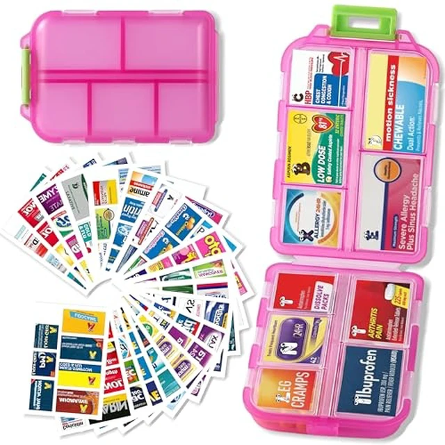 Alt view image 2 of 7 - Pill Organizer with 161 Medicine Labels, Daily Travel Pill Case (Pink)
