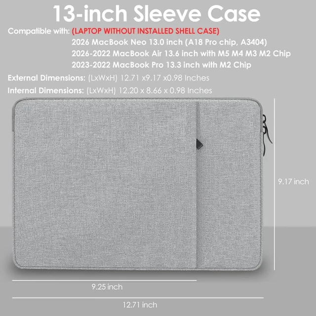 Alt view image 2 of 7 - Sleeve Case for MacBook Neo & Air 13 Inch M5 M4, Water-Resistant | Gray, Precision Fit, Soft Inner Lining Padded, Anti-Scratch, Extra Attached Pocket, Travel Carry Laptop Bag for Home Office