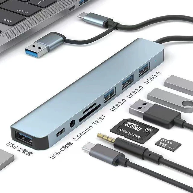 Alt view image 4 of 6 - RIGHT CABLE T+U HUB 8-in-1 Type-C/USB Dual-Connector Laptop Expansion Hub with Multi-Card Reader, 5Gbps