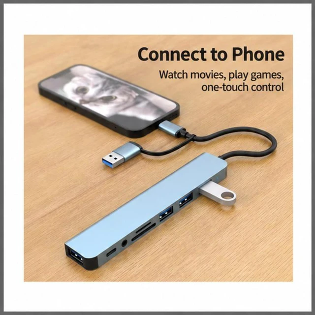Alt view image 6 of 6 - RIGHT CABLE T+U HUB 8-in-1 Type-C/USB Dual-Connector Laptop Expansion Hub with Multi-Card Reader, 5Gbps