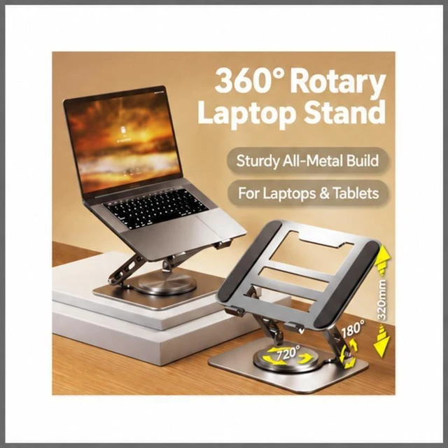 Main image of Adjustable Carbon Steel Laptop Stand, 360° Rotating Foldable Ergonomic Riser, Silver Standard Upgraded