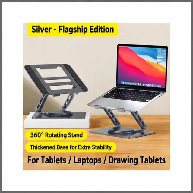 Alt view image 3 of 5 - Adjustable Carbon Steel Laptop Stand, 360° Rotating Foldable Ergonomic Riser, Silver Standard Upgraded