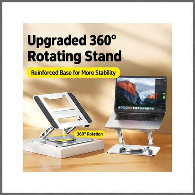 Alt view image 4 of 5 - Adjustable Carbon Steel Laptop Stand, 360° Rotating Foldable Ergonomic Riser, Silver Standard Upgraded