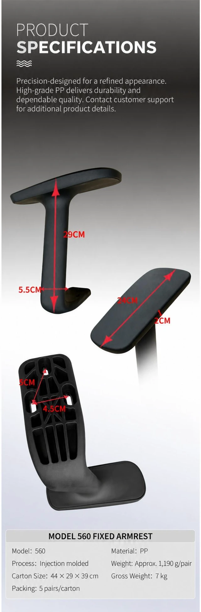 Alt view image 4 of 7 - Fixed Plastic Office Chair Armrests, Model 560, Black, 1 Pair