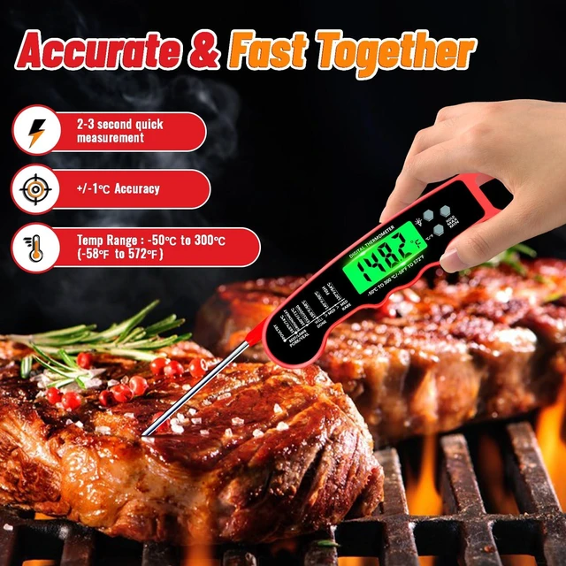 Alt view image 2 of 7 - Meat Thermometer Digital, Instant Read Digital Meat Thermometer
IP67 Waterproof, Backlight, Hold Function, Magnet, LED screen, for Kitchen, Beef, Grill, BBQ, Candy, Turkey