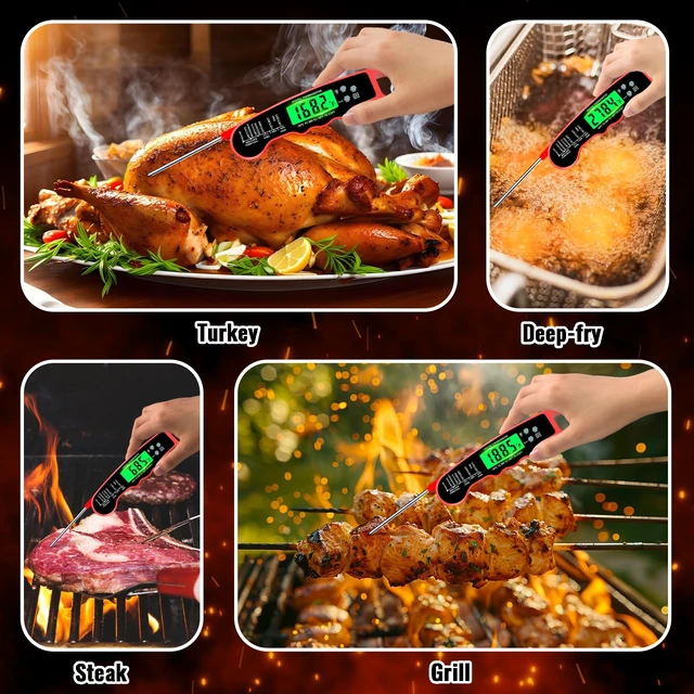 Alt view image 3 of 7 - Meat Thermometer Digital, Instant Read Digital Meat Thermometer
IP67 Waterproof, Backlight, Hold Function, Magnet, LED screen, for Kitchen, Beef, Grill, BBQ, Candy, Turkey