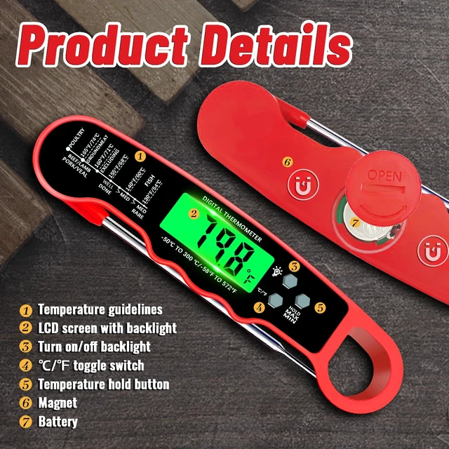 Alt view image 4 of 7 - Meat Thermometer Digital, Instant Read Digital Meat Thermometer
IP67 Waterproof, Backlight, Hold Function, Magnet, LED screen, for Kitchen, Beef, Grill, BBQ, Candy, Turkey