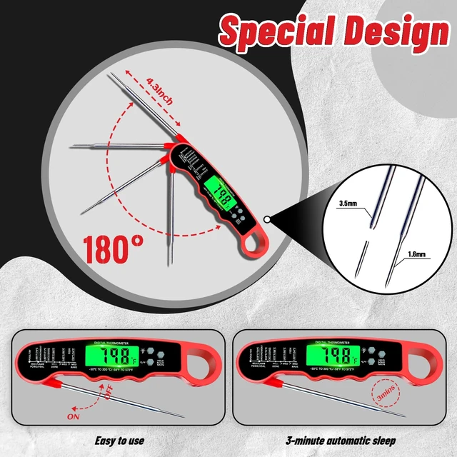 Alt view image 6 of 7 - Meat Thermometer Digital, Instant Read Digital Meat Thermometer
IP67 Waterproof, Backlight, Hold Function, Magnet, LED screen, for Kitchen, Beef, Grill, BBQ, Candy, Turkey