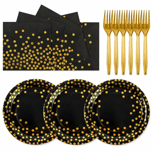 Main image of Paper Plates and Napkins Set, Black and Gold Dot, 75PCS