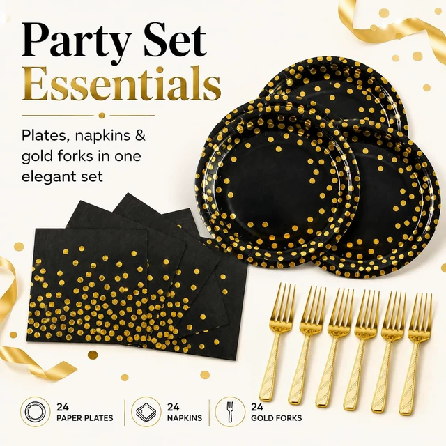 Alt view image 2 of 7 - Paper Plates and Napkins Set, Black and Gold Dot, 75PCS
