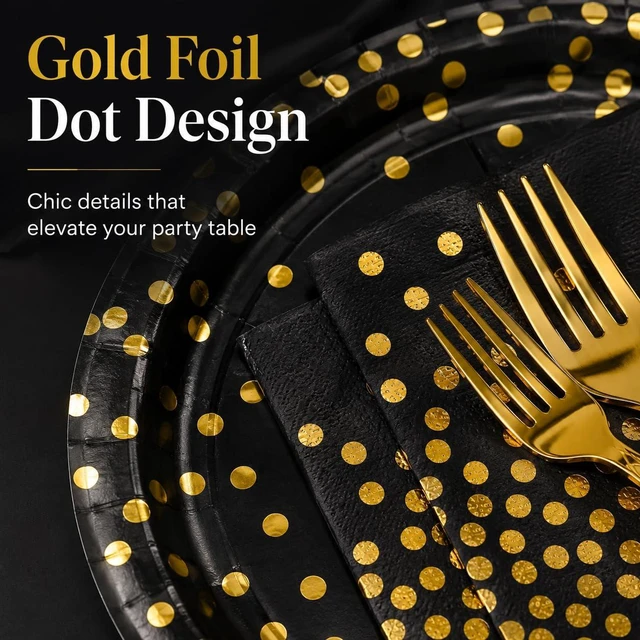 Alt view image 3 of 7 - Paper Plates and Napkins Set, Black and Gold Dot, 75PCS