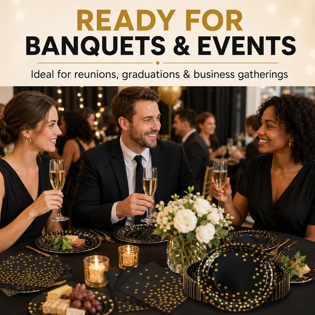 Alt view image 4 of 7 - Paper Plates and Napkins Set, Black and Gold Dot, 75PCS