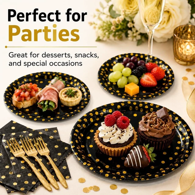 Alt view image 5 of 7 - Paper Plates and Napkins Set, Black and Gold Dot, 75PCS