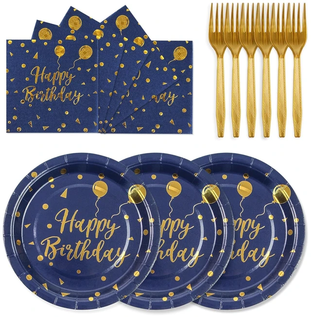 Main image of 75PCS Happy Birthday Paper Plates - 7 Inch Dark Blue Gold Dot Paper Plates and 6.5 Inch Napkins with 6.3 Inch Forks Disposable Tableware Set for Birthday Party Decorations, Serves 25