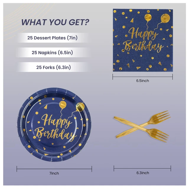 Alt view image 2 of 7 - 75PCS Happy Birthday Paper Plates - 7 Inch Dark Blue Gold Dot Paper Plates and 6.5 Inch Napkins with 6.3 Inch Forks Disposable Tableware Set for Birthday Party Decorations, Serves 25