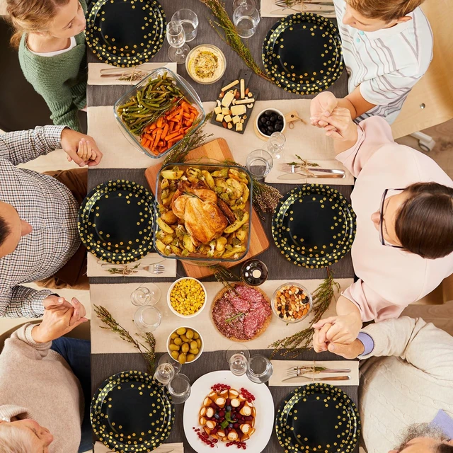 Alt view image 6 of 7 - Paper Plates and Napkins Set, Black and Gold Dot, 75PCS