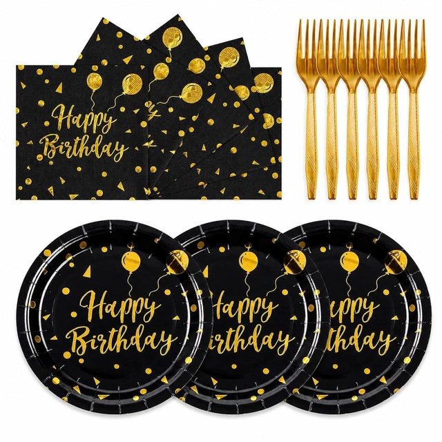 Main image of 75PCS Happy Birthday Paper Plates - 7 Inch Black Gold Dot Paper Plates and 6.5 Inch Napkins with 6.3 Inch Gold Forks Disposable Tableware Set for Birthday Party Decorations, Serves 25