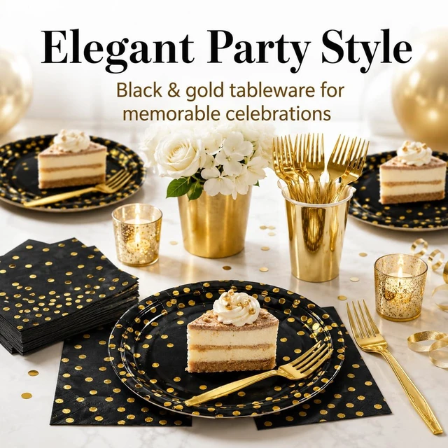 Alt view image 7 of 7 - Paper Plates and Napkins Set, Black and Gold Dot, 75PCS