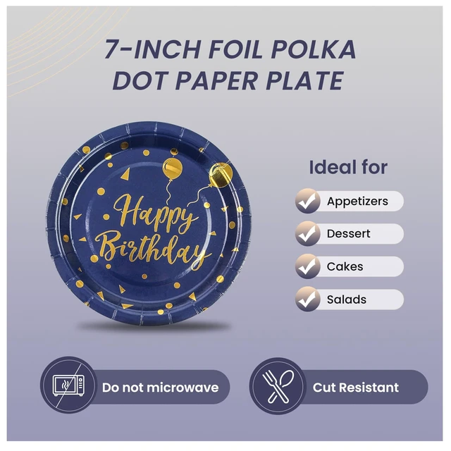 Alt view image 3 of 7 - 75PCS Happy Birthday Paper Plates - 7 Inch Dark Blue Gold Dot Paper Plates and 6.5 Inch Napkins with 6.3 Inch Forks Disposable Tableware Set for Birthday Party Decorations, Serves 25