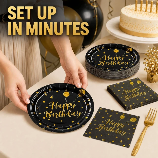 Alt view image 2 of 7 - 75PCS Happy Birthday Paper Plates - 7 Inch Black Gold Dot Paper Plates and 6.5 Inch Napkins with 6.3 Inch Gold Forks Disposable Tableware Set for Birthday Party Decorations, Serves 25