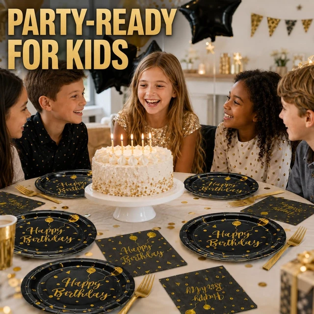 Alt view image 3 of 7 - 75PCS Happy Birthday Paper Plates - 7 Inch Black Gold Dot Paper Plates and 6.5 Inch Napkins with 6.3 Inch Gold Forks Disposable Tableware Set for Birthday Party Decorations, Serves 25