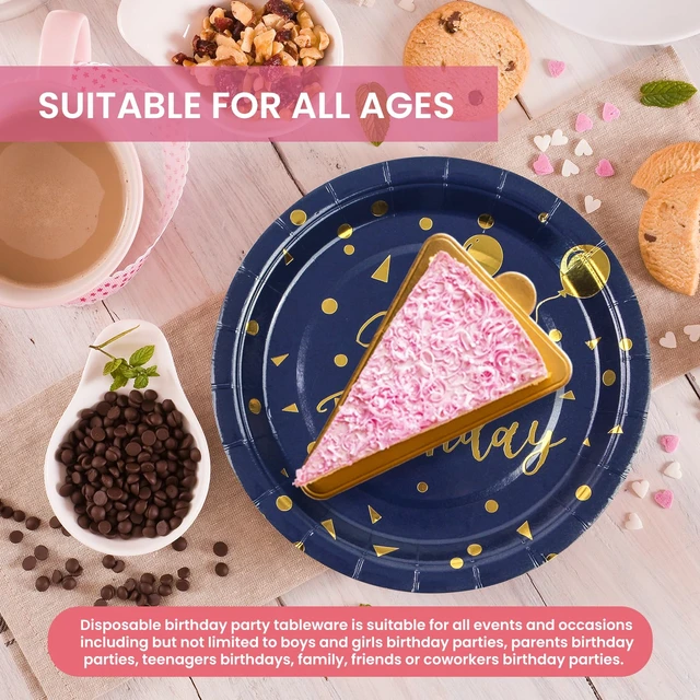 Alt view image 5 of 7 - 75PCS Happy Birthday Paper Plates - 7 Inch Dark Blue Gold Dot Paper Plates and 6.5 Inch Napkins with 6.3 Inch Forks Disposable Tableware Set for Birthday Party Decorations, Serves 25