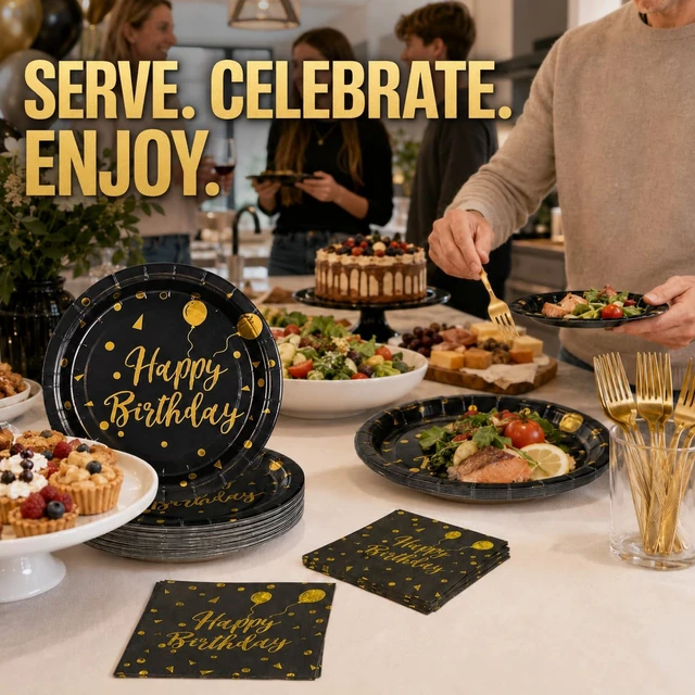 Alt view image 4 of 7 - 75PCS Happy Birthday Paper Plates - 7 Inch Black Gold Dot Paper Plates and 6.5 Inch Napkins with 6.3 Inch Gold Forks Disposable Tableware Set for Birthday Party Decorations, Serves 25