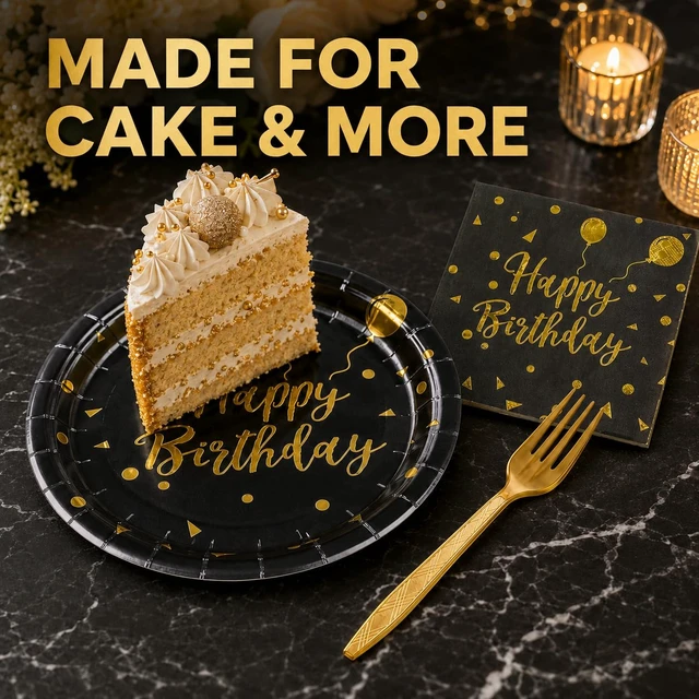Alt view image 5 of 7 - 75PCS Happy Birthday Paper Plates - 7 Inch Black Gold Dot Paper Plates and 6.5 Inch Napkins with 6.3 Inch Gold Forks Disposable Tableware Set for Birthday Party Decorations, Serves 25