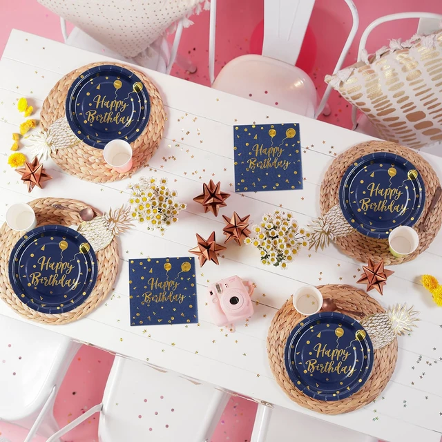 Alt view image 6 of 7 - 75PCS Happy Birthday Paper Plates - 7 Inch Dark Blue Gold Dot Paper Plates and 6.5 Inch Napkins with 6.3 Inch Forks Disposable Tableware Set for Birthday Party Decorations, Serves 25