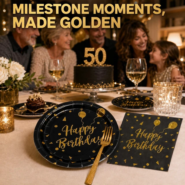 Alt view image 6 of 7 - 75PCS Happy Birthday Paper Plates - 7 Inch Black Gold Dot Paper Plates and 6.5 Inch Napkins with 6.3 Inch Gold Forks Disposable Tableware Set for Birthday Party Decorations, Serves 25
