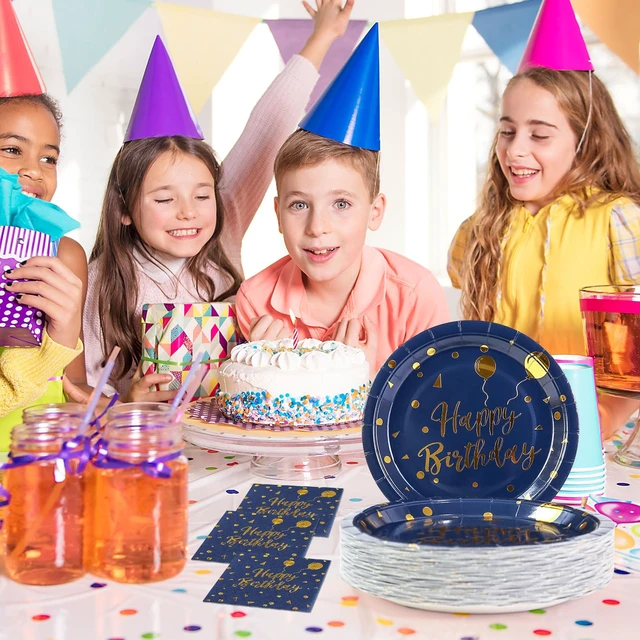 Alt view image 7 of 7 - 75PCS Happy Birthday Paper Plates - 7 Inch Dark Blue Gold Dot Paper Plates and 6.5 Inch Napkins with 6.3 Inch Forks Disposable Tableware Set for Birthday Party Decorations, Serves 25