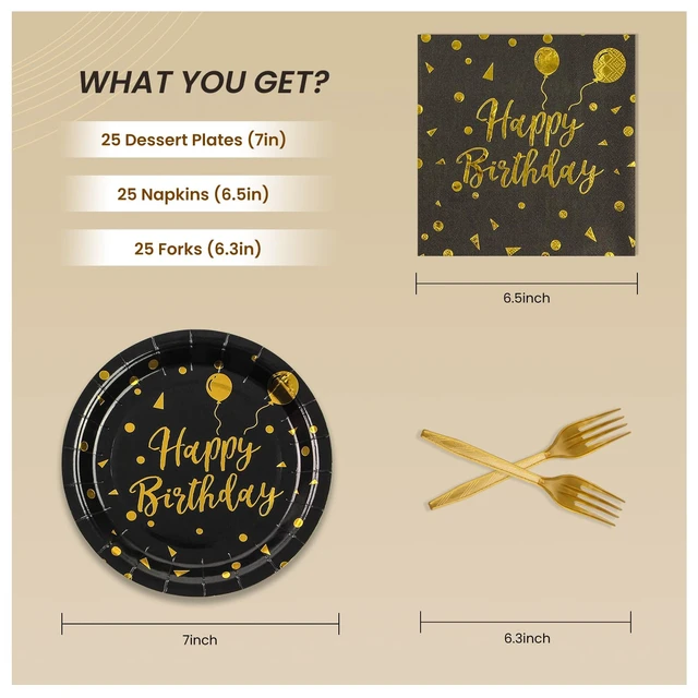 Alt view image 7 of 7 - 75PCS Happy Birthday Paper Plates - 7 Inch Black Gold Dot Paper Plates and 6.5 Inch Napkins with 6.3 Inch Gold Forks Disposable Tableware Set for Birthday Party Decorations, Serves 25