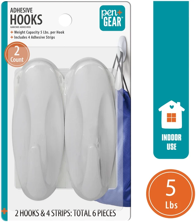 Main image of Pen+Gear Heavy-Duty Plastic Adhesive Large Wall Hooks, Damage Free, White, 2 Count