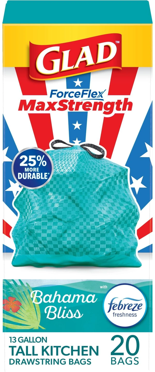 Main image of Glad ForceFlex MaxStrength 13-Gallon Teal Drawstring Tall Kitchen Trash Bags, Febreze Freshness Bahama Bliss Scent, 20 Bags